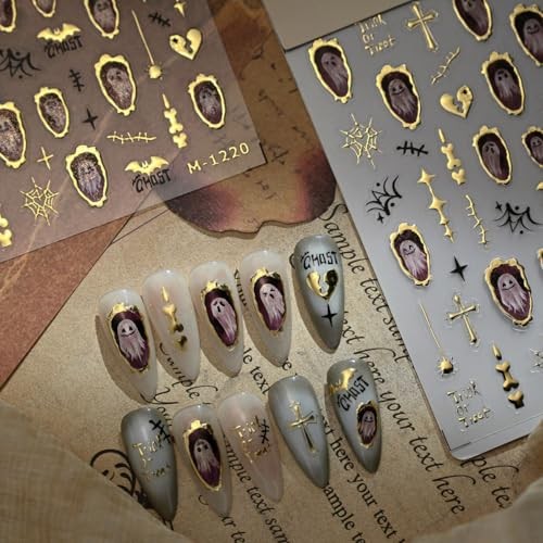 5D Embossed Ghost Nail Art Stickers Gold Frame Nail Stickers Halloween Style-4