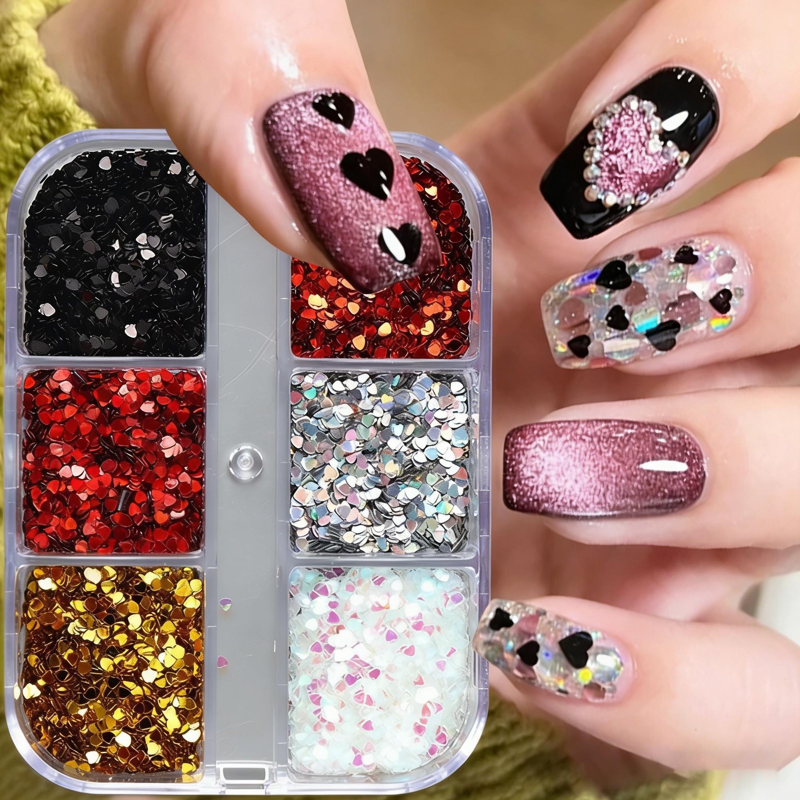 6-Grid Love Shape Sequin Kit Mini Heart Glitter for Nail Art Decoration & Crafts