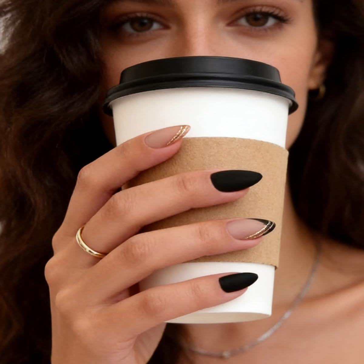 Black Press on Nails Medium Almond Fake Nails Matte False Nails Press Ons with D