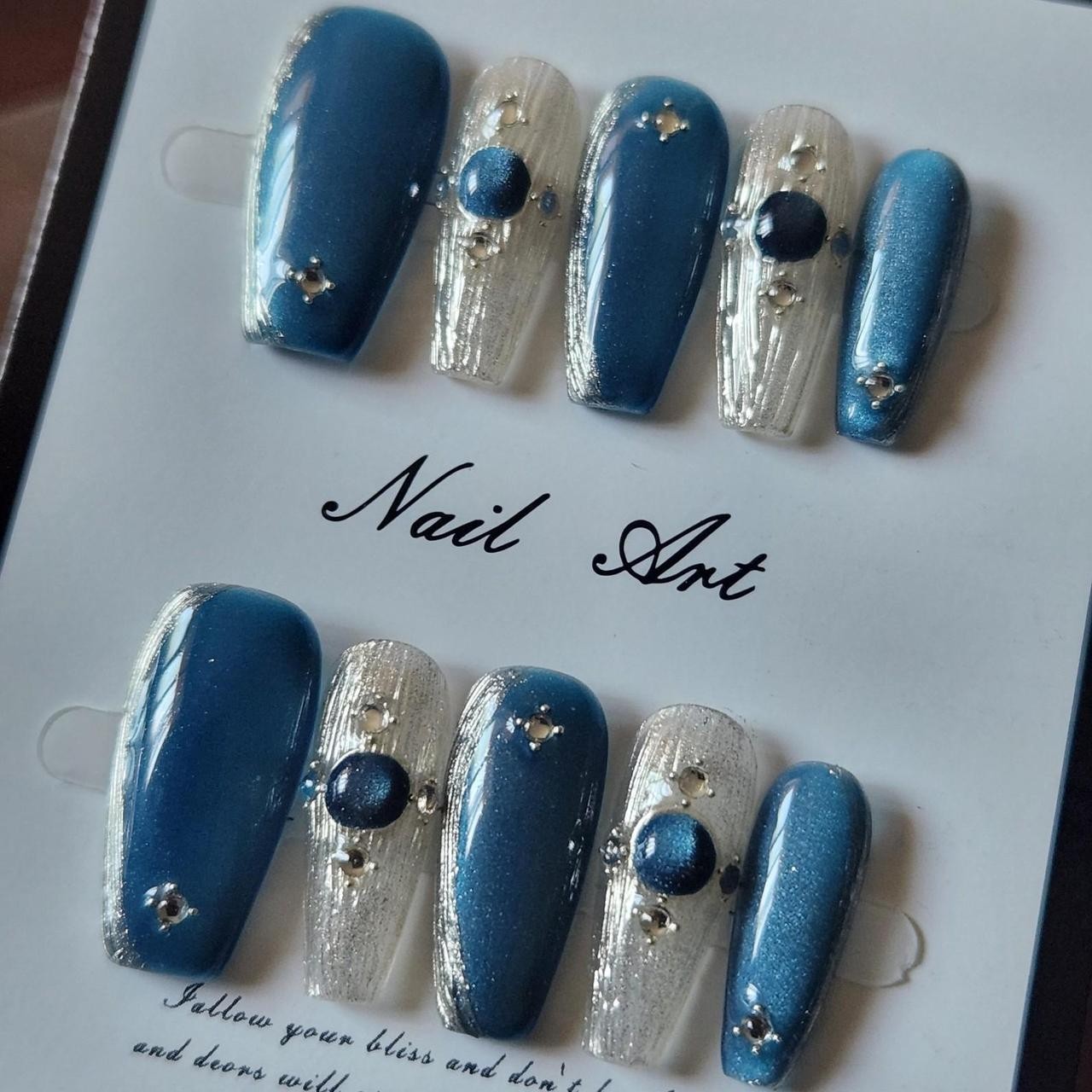 Blue & Silver 2.5 Cateye & glitter Coffin Press-On Nails. Size Small.