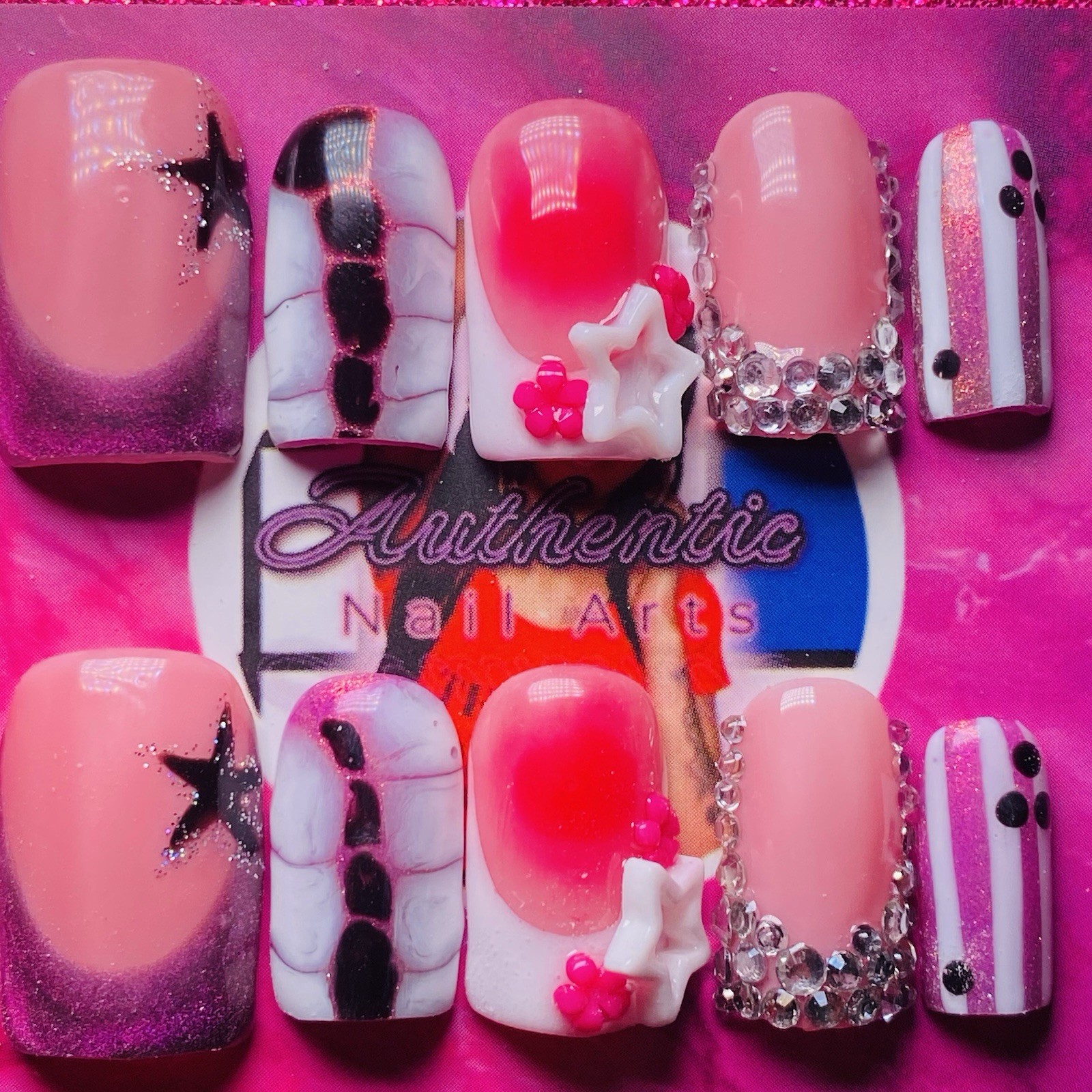 Square Press-On Nails Pink Black 3D Shiny Star by Authentic Nail Arts