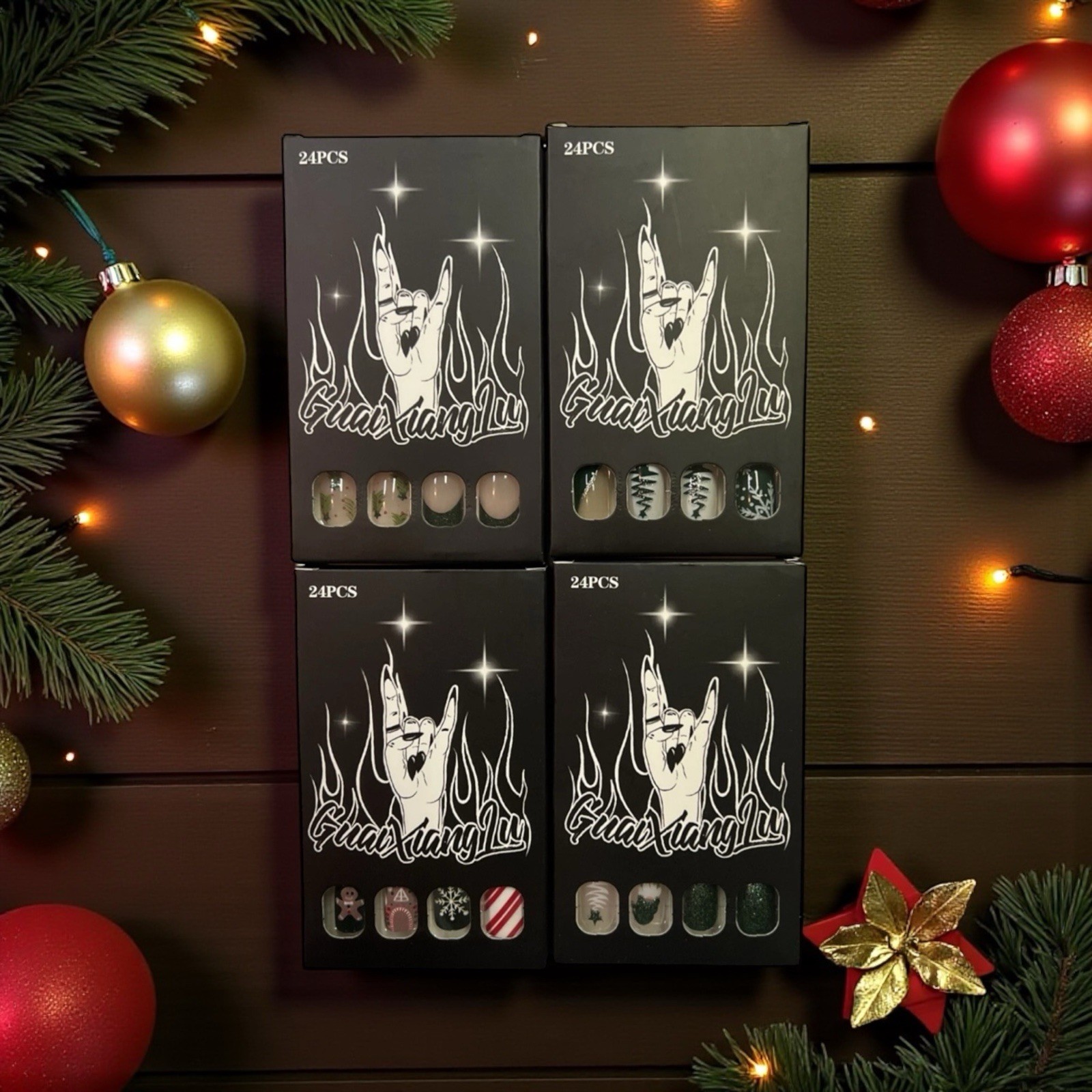 Christmas Set x4 96 Pcs Short Square Press On Nails French Manicure Design NEW