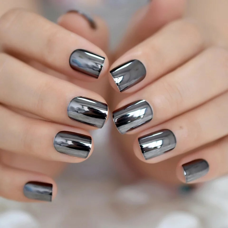 Gunmetal Gray Chrome Press On Nails Short Mirror Silver Dark