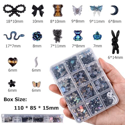 850 Pieces 3D Butterfly Rose Flower Bow Rabbit Bear Nail Charms Kit with Black