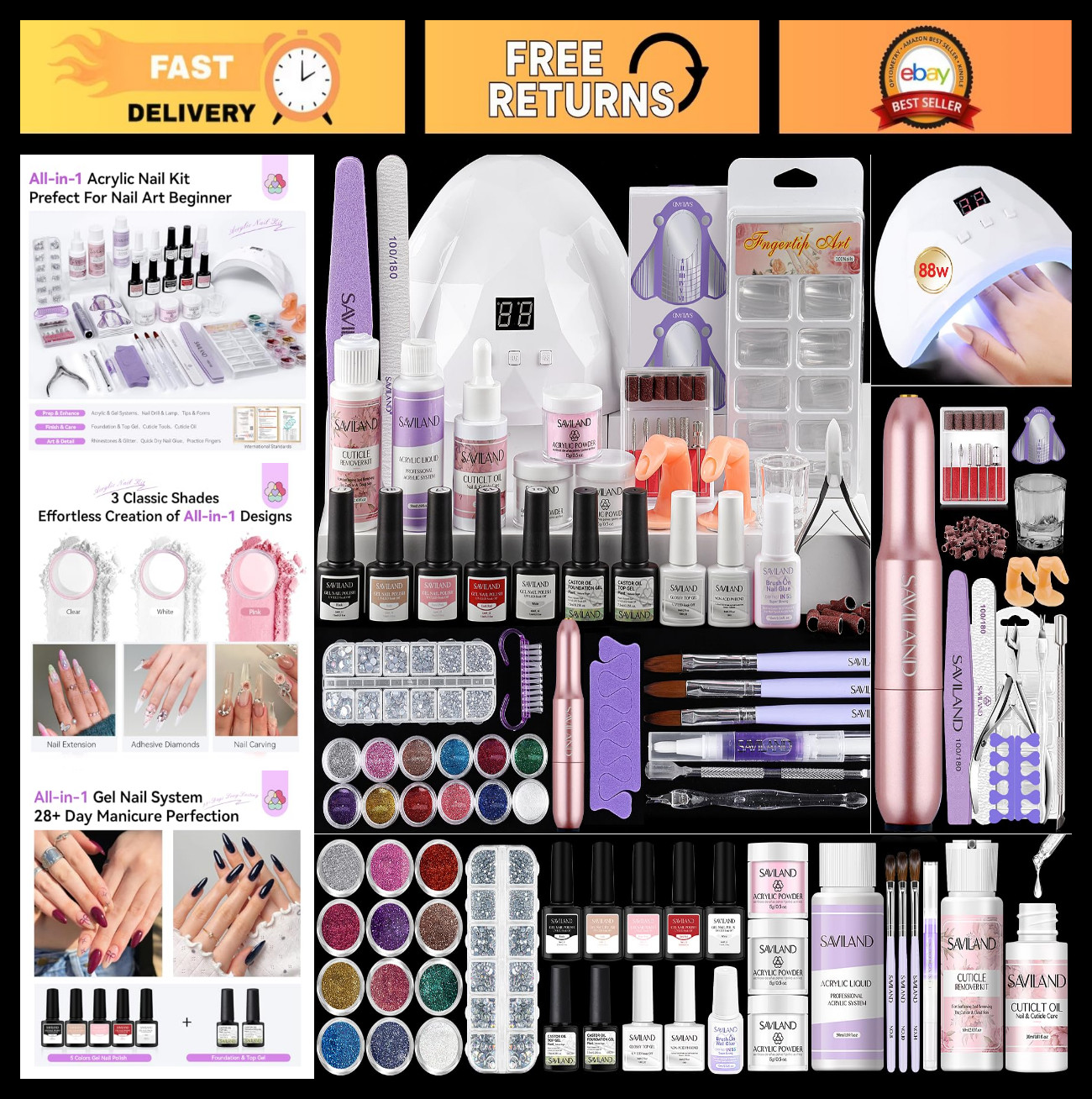 Acrylic Nail Kit All-in-One Set with 88W Nail Lamp, Monomer, Gel Polish & Drill