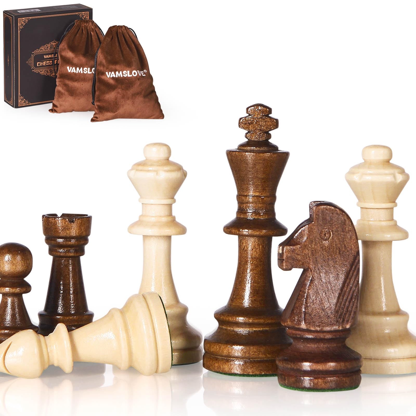 Vamslove Wooden Heavy Weighted Chess Pieces Only-3.8” King-Extra 2 Medium