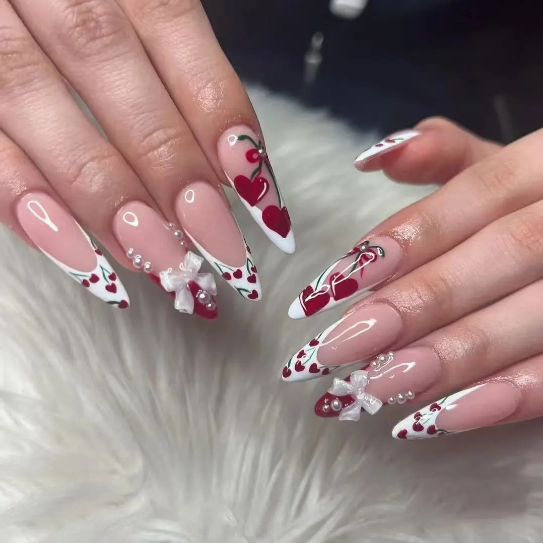 24pcs 3D Bow Pearl Cherry French Press On Nails