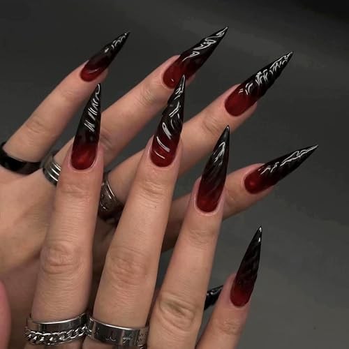 Press on Nails – Long Stiletto Glue on Nails with Goth Red 06102Red&Black