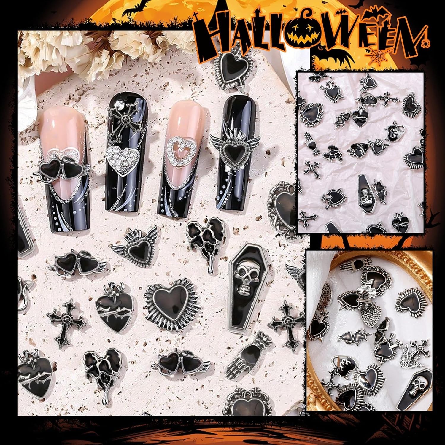 Halloween Nail Charms 24pcs Gothic Heart Cross Tombstone Gems Art Accessories