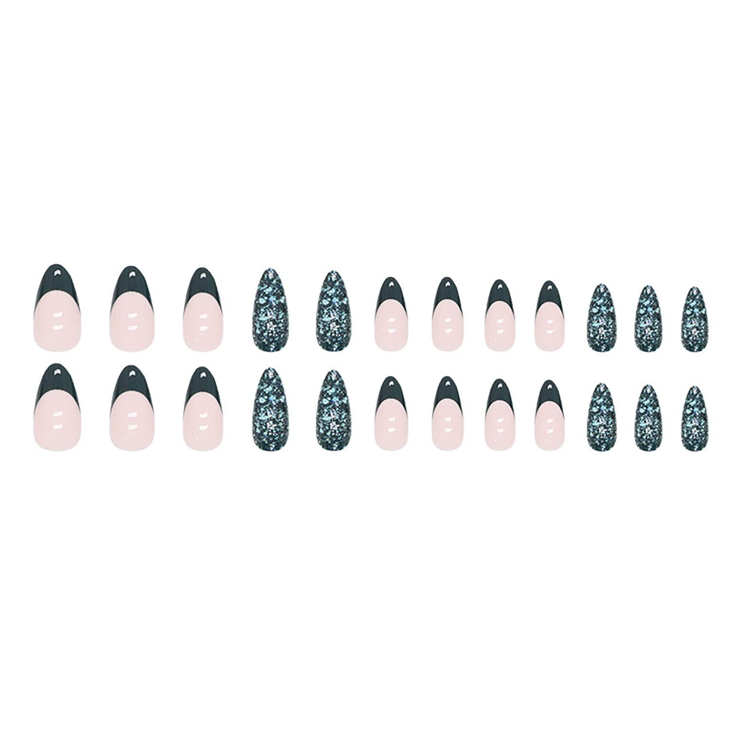 Press on Nails Medium Almond French Tip Fake Nails Dark Green Glitter Full Co…