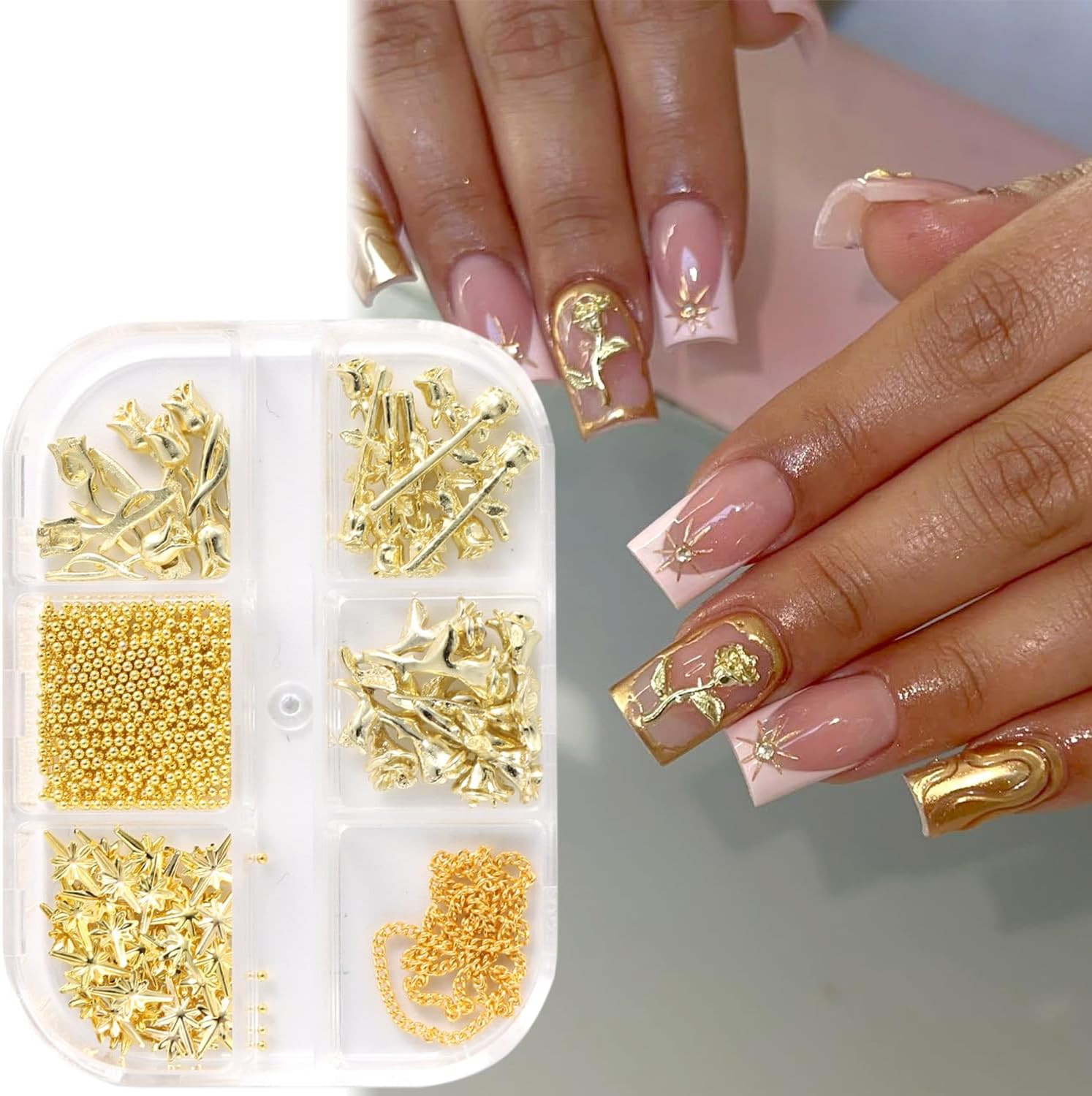 Star Nail Charms, 2 Boxes Gold Nail Charms Twinkle Stars Rose Flowers Cross Meta
