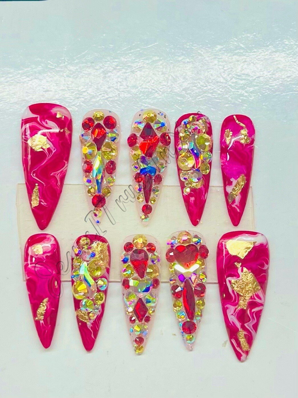 SPARKLE MARBLE- LONG STILETTO – NEW GEL PRESS ON NAILS GLUE ON NAILS MAKARTT