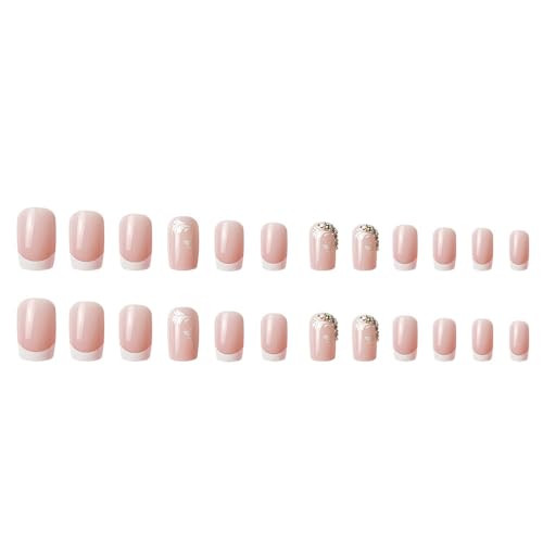 French Tip Press on Nails Medium Square Fake Nails White Lace with Style27