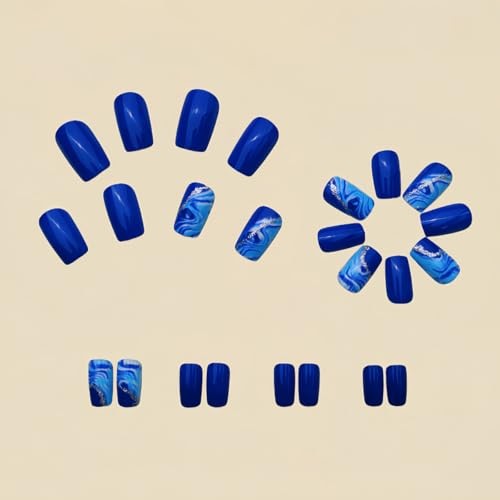 Dark Blue Press on Nails Short Square QUNQINLI Summer Fake Nails Design J4