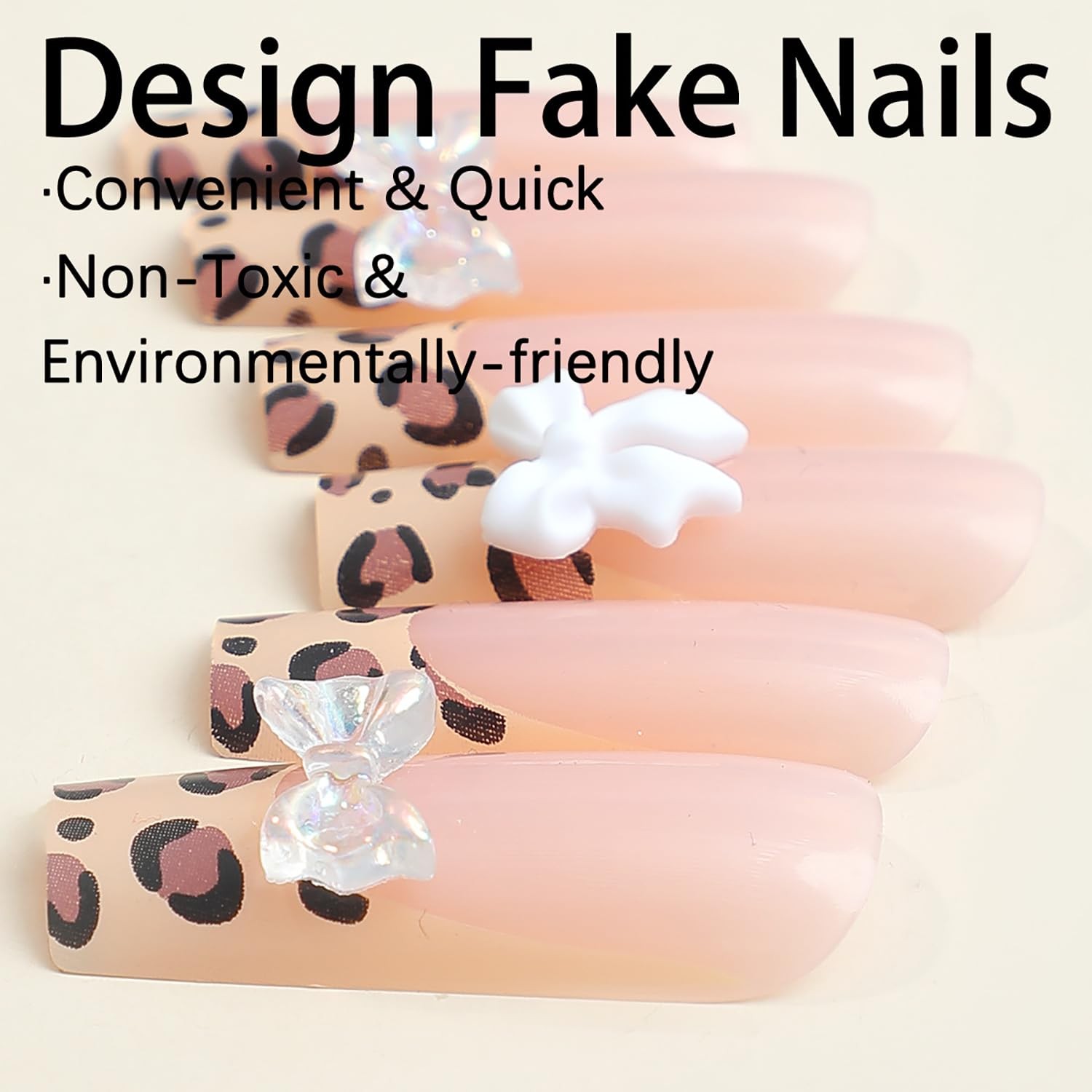 Leopard French Press on Nails Long Length Bow Tie False Nails Full Cover Coff…