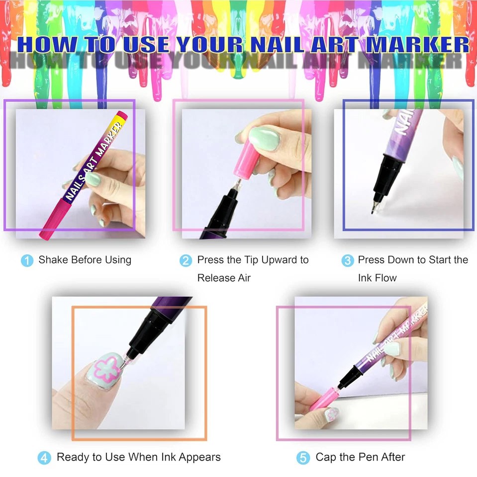 12 Colors Nail Art Pens Set 3D Nail Polish Pens Graffiti Dotting Pen Acrylic Pai