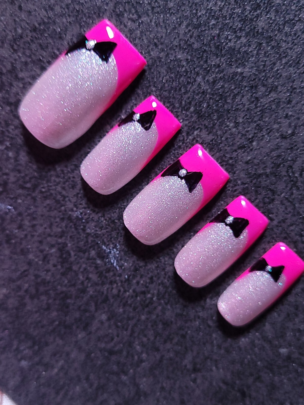 Custom Gel Press on Nails Handmade 10 pc set SMALL Neon Pink Black Bow