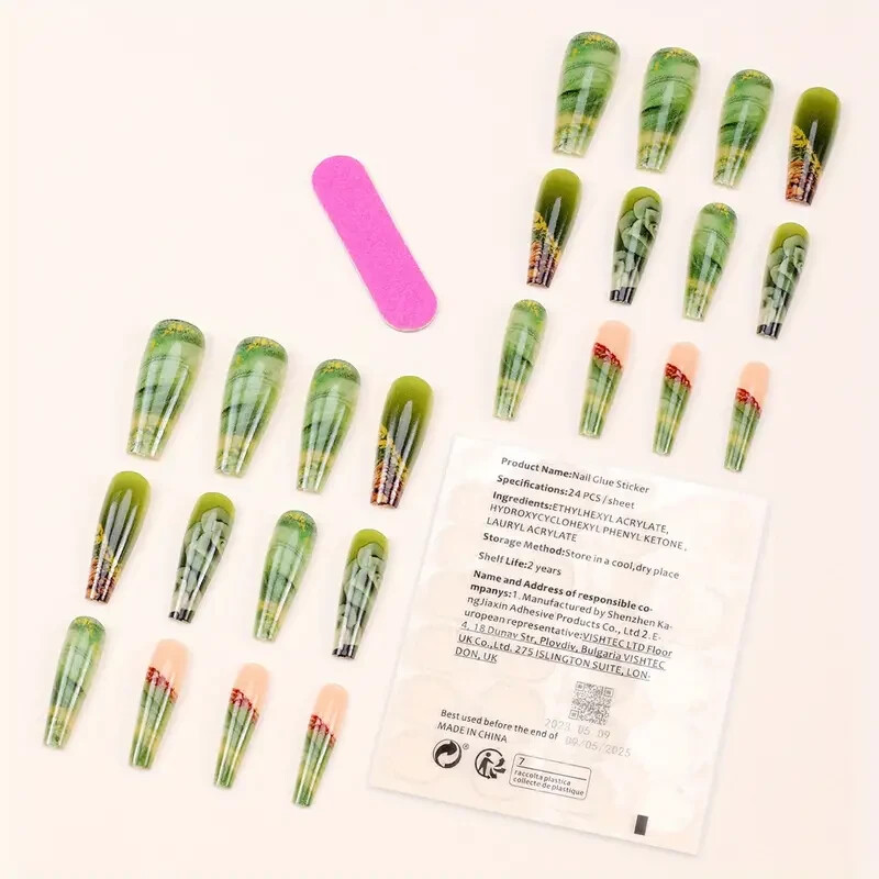 24 Pcs Set Long Coffin Press On Nails Floral Green Full Cover Acrylic Fake NIB