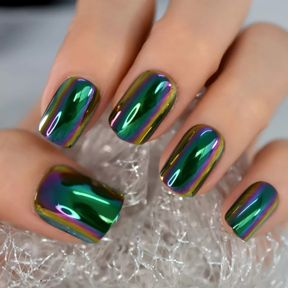 24 Short Press on nails kit w glue green chameleon chrome