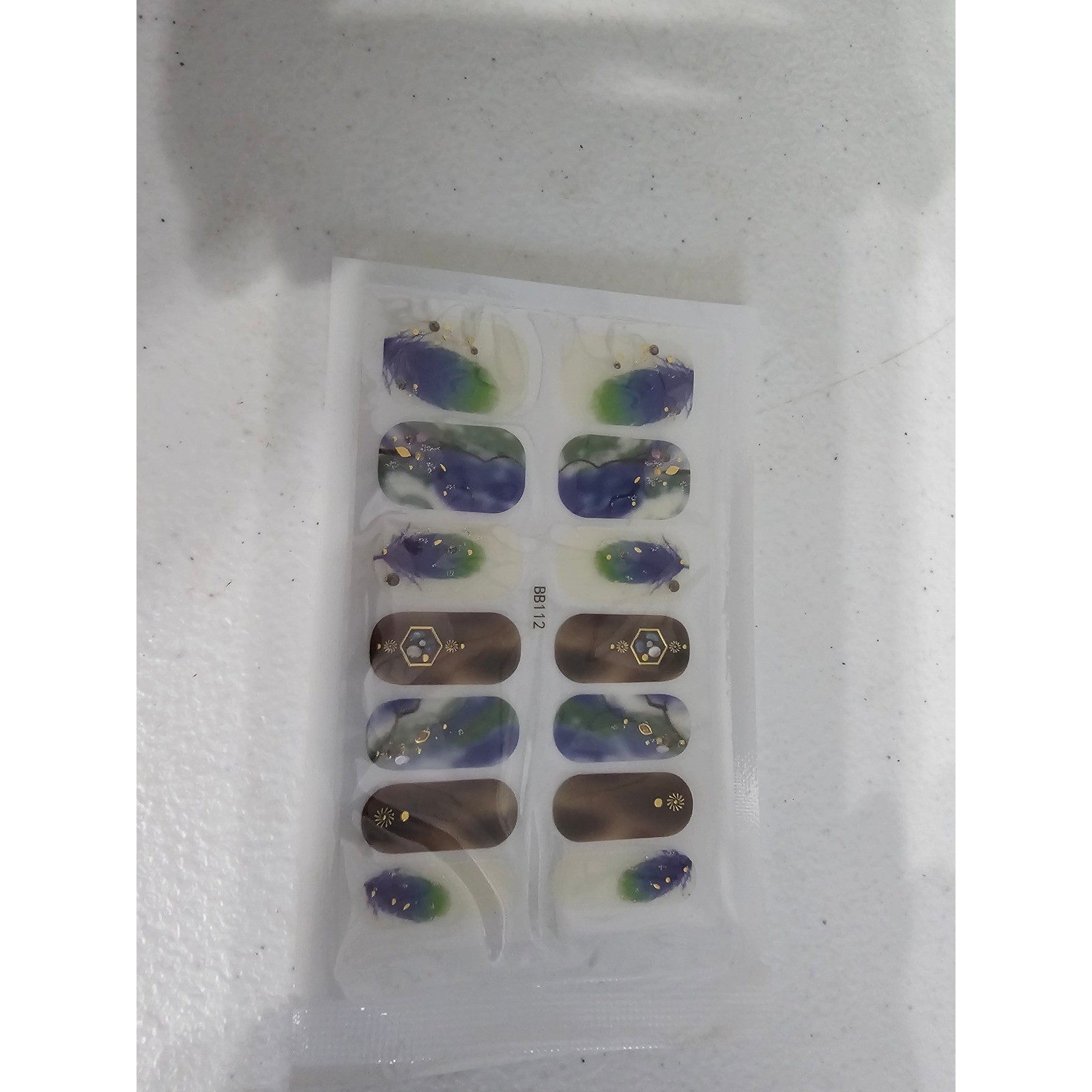 Nail Polish Wraps BB112 Blue Green Brown Marble Feather Gold Foil Accents NEW