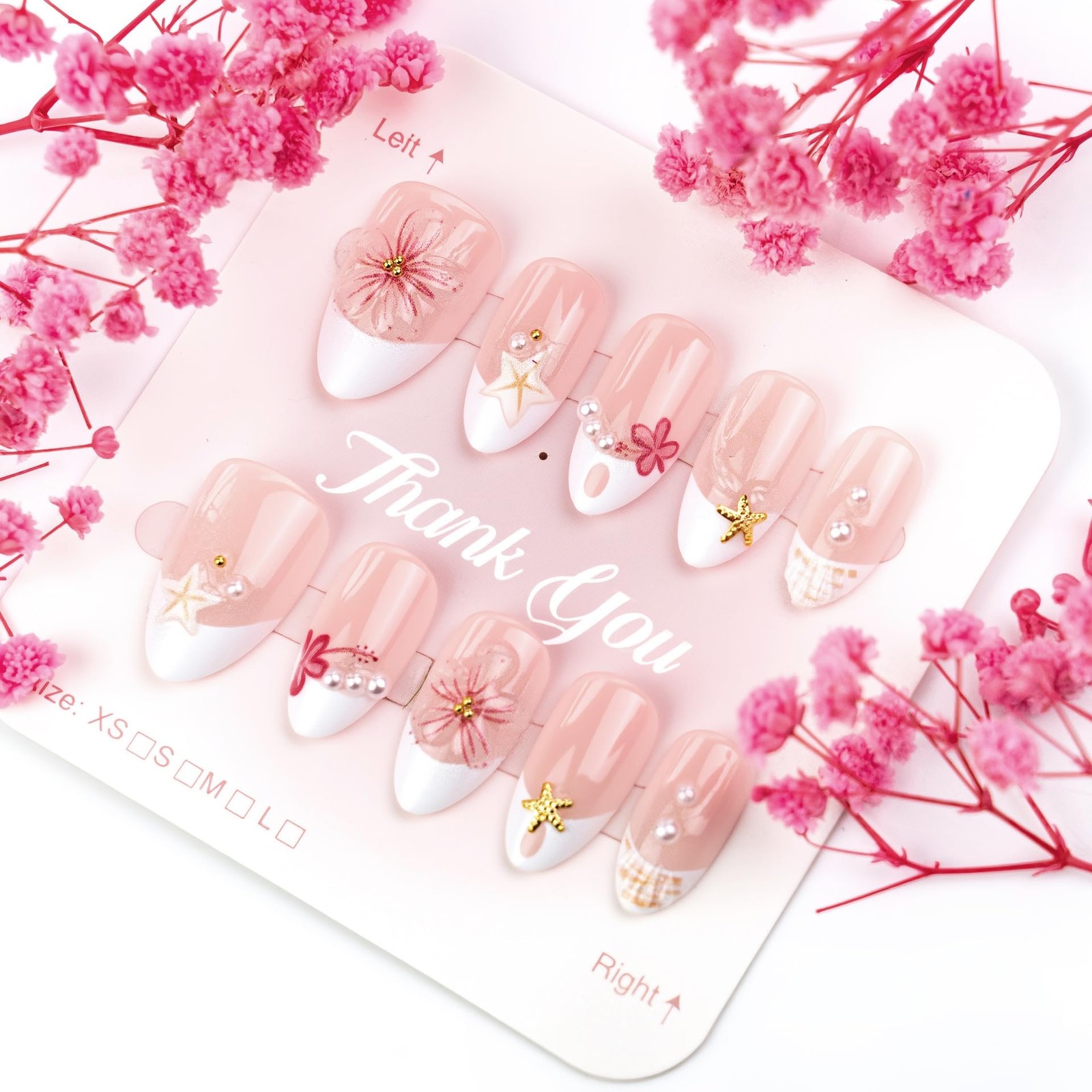30Pcs Cute Pink Flower Press on Nails Short Almond French Tip Fake Nails with…