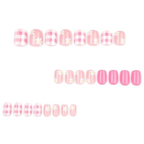 Flower Press on Nails – Spring Short Square Fake Nails with Daisy Gingham Pink