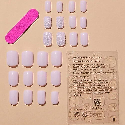 Pink Press on Nails Short Square Nude Fake Nails with Glitter Design Glue on