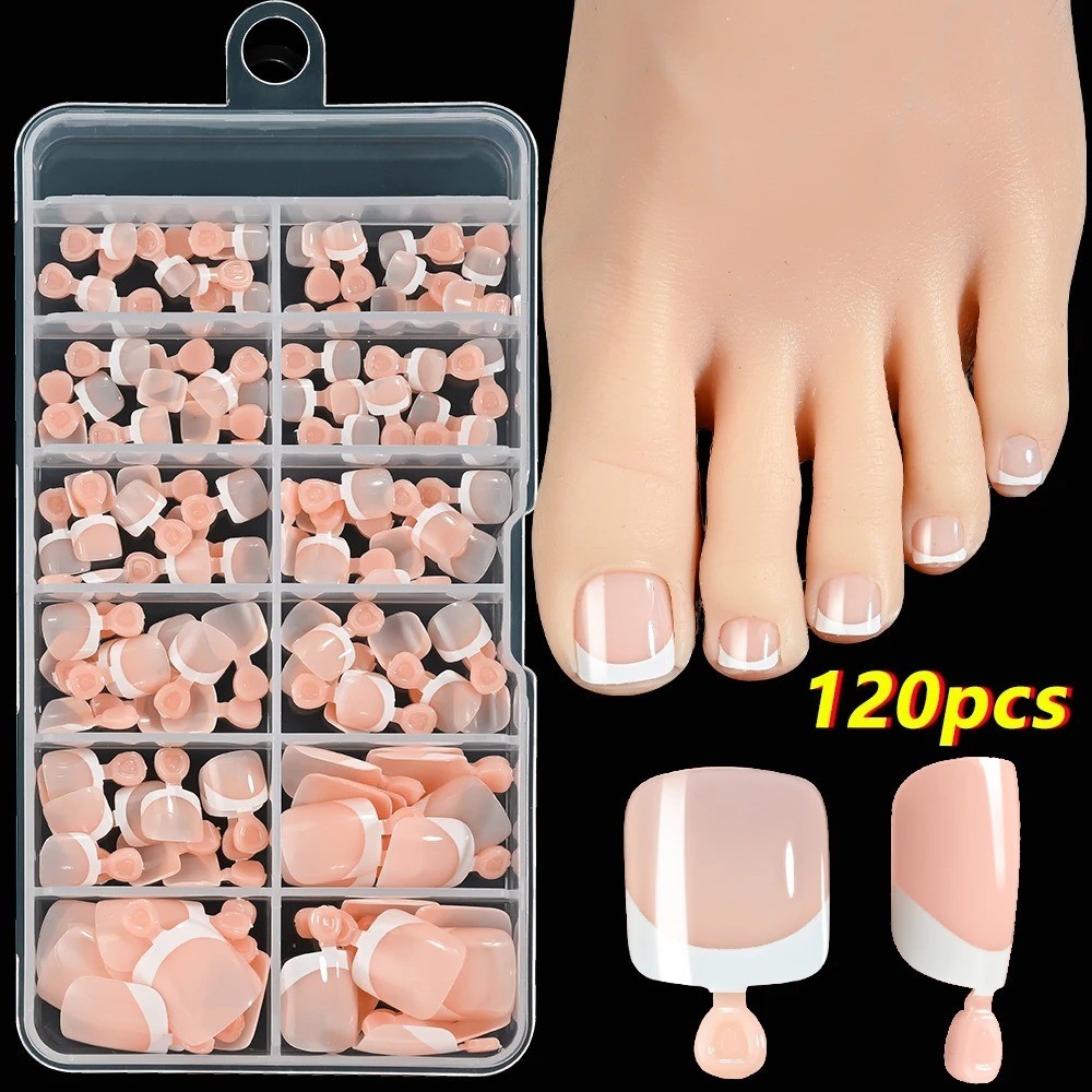 120Pcs Pink French Short Square Fake Nails 12-Sizes Full Cover Press On Nails We