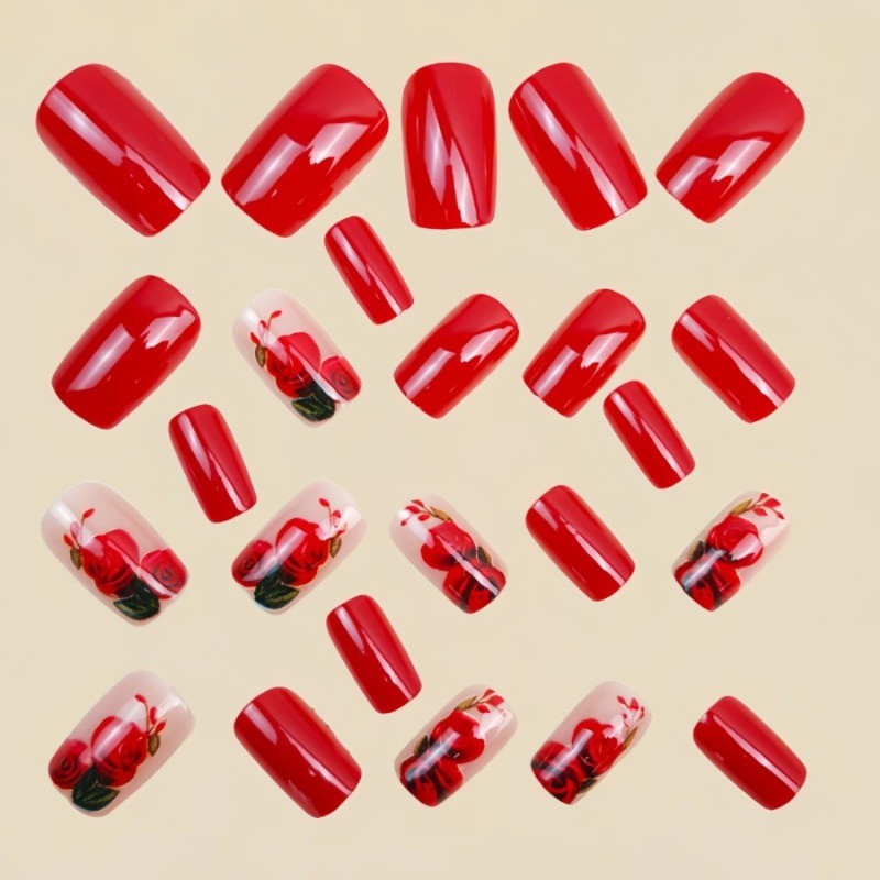 48 Pieces of Red and White 3D Floral Square Nail Art for Mid To Long Holidays