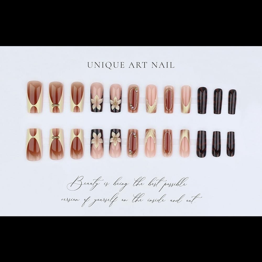 Square Press on Nails Medium Fake Nails with 5D Flower Charm Design Glossy Wh…