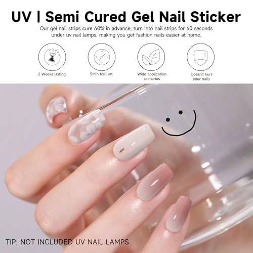 28 pcs Semi Cured Gel Nails Strips – Work with Any Pink Flower
