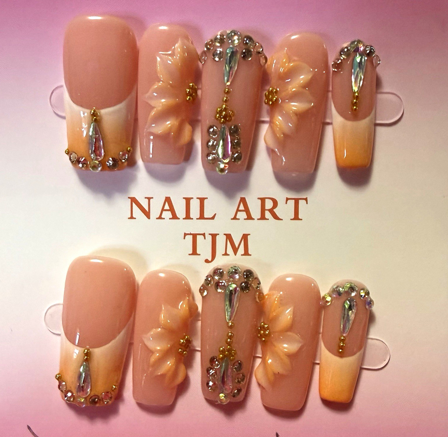 NAIL ART TJM Pink/White 3D Flower Square Press-On Nails, Size large