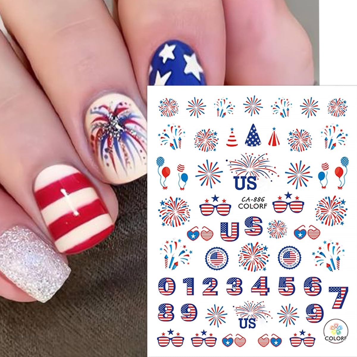6 Sheets 4th of July Nail Stickers 3D -Adhesive Bow Star Fireworks Nail Decal…