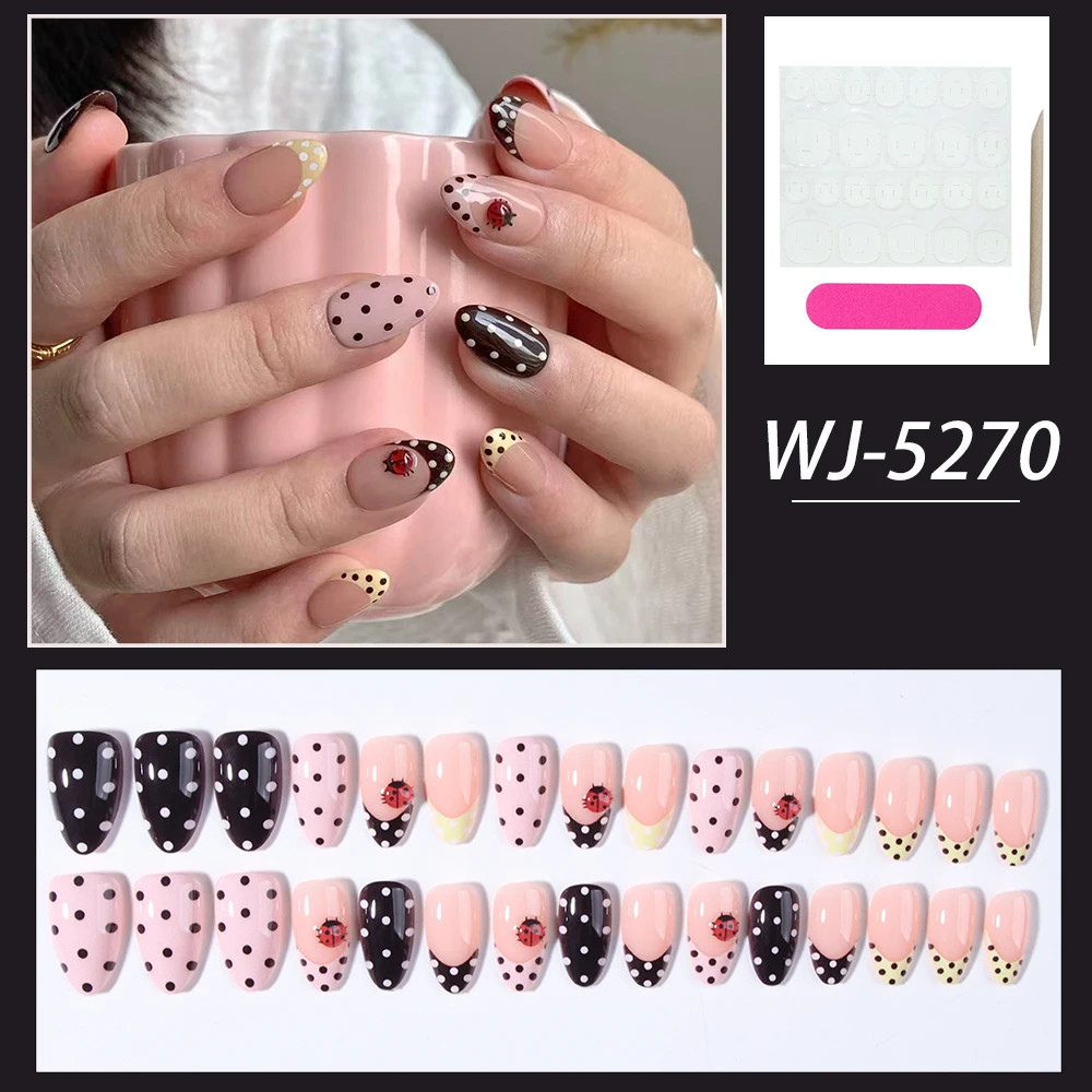 24Pcs Set French Tip Press On Nails Short Oval 3D Gel Flower Ladybug Polka Dot