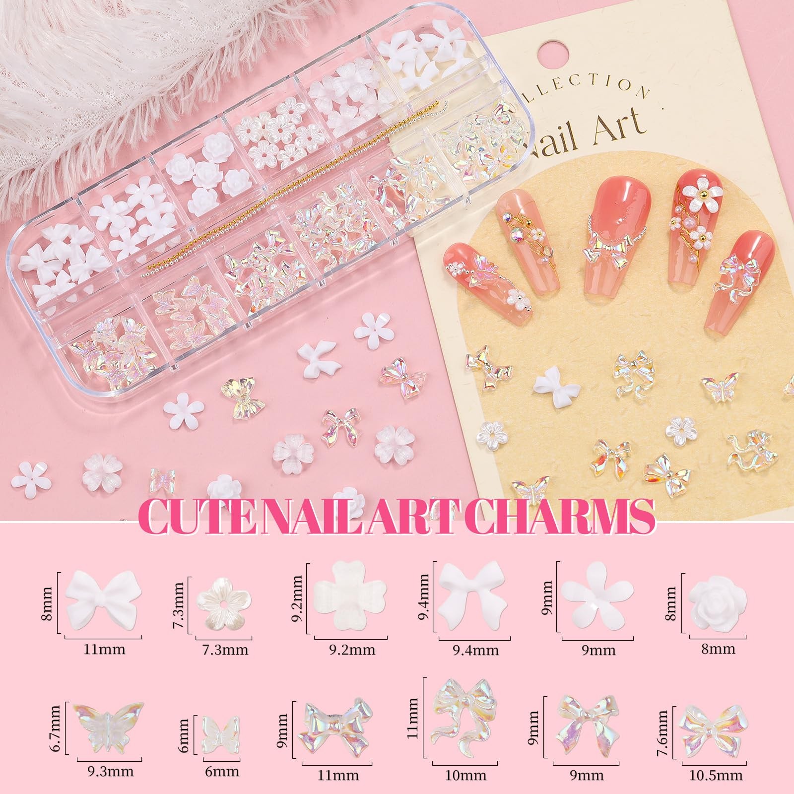 2 Boxes Assorted Nail Charms and Gems, White Flower Nail Charms Aurora Bow Me…