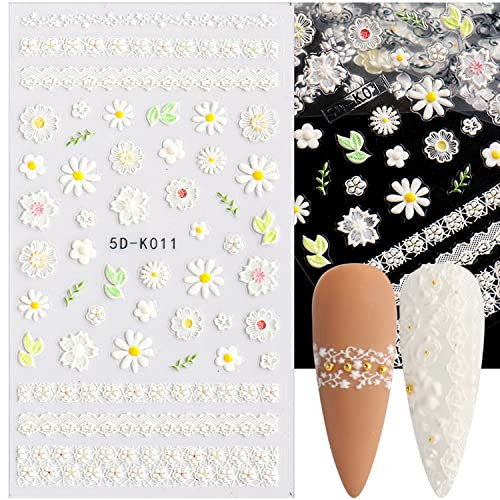 White Flowers Nail Art Stickers, 5D Engraved Flower Nail Art Self-Adhesive