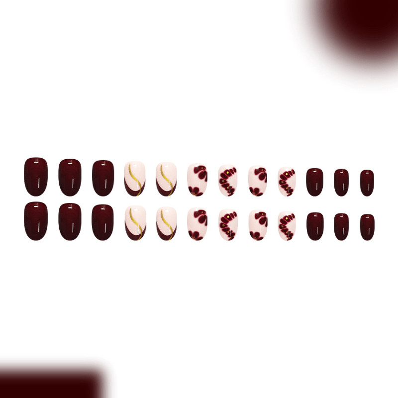 48Pcs-Short Oval Burgundy Blush Gradient Gold Line Tiny Bead Fake Press on Nails