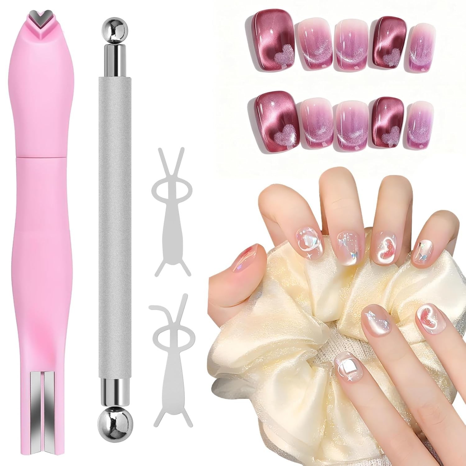 Professional 4-Piece Cat Eye Nail Magnet Kit with Dual-Ended Pen & Bunny Guides