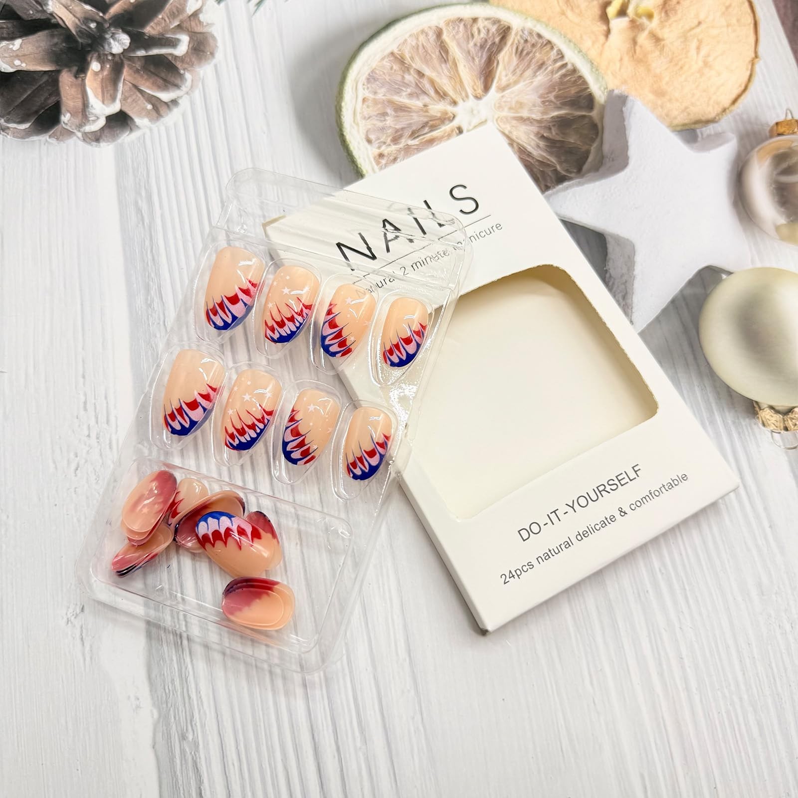 4th of July Press on Nails Medium Oval Fake Nails with Designs Red Blue Gradi…