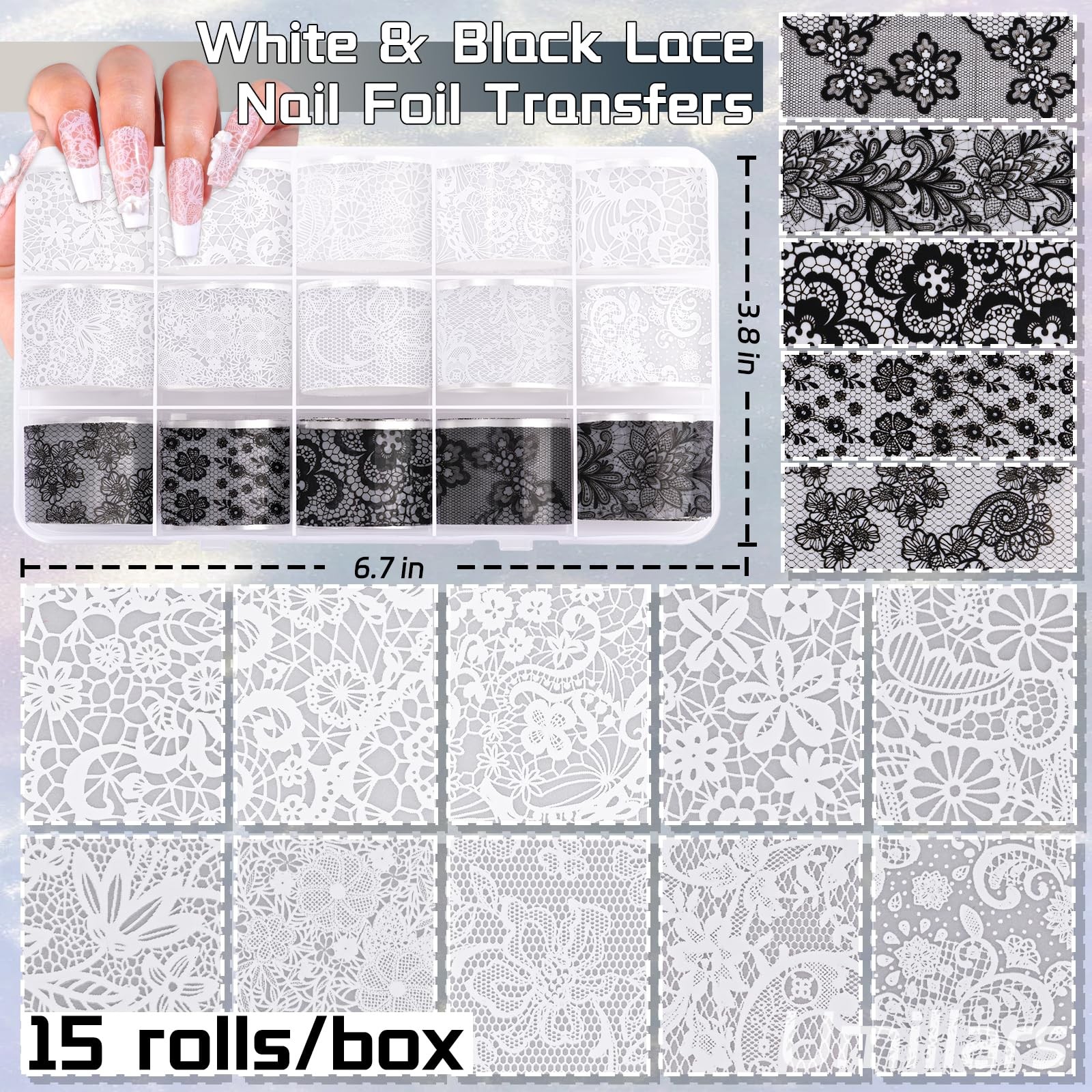 Umillars Lace Nail Foil Stickers White Black 15r