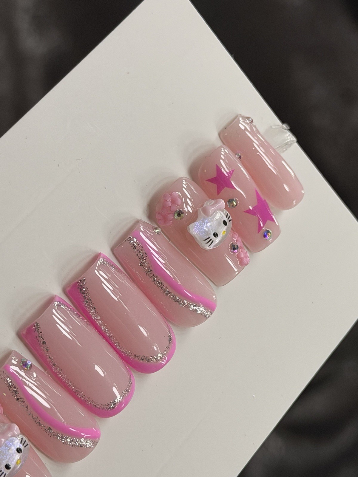 ✨ CUSTOM Press On Nails Nude PINK HELLO KITTY BLING 10p SET W Kit