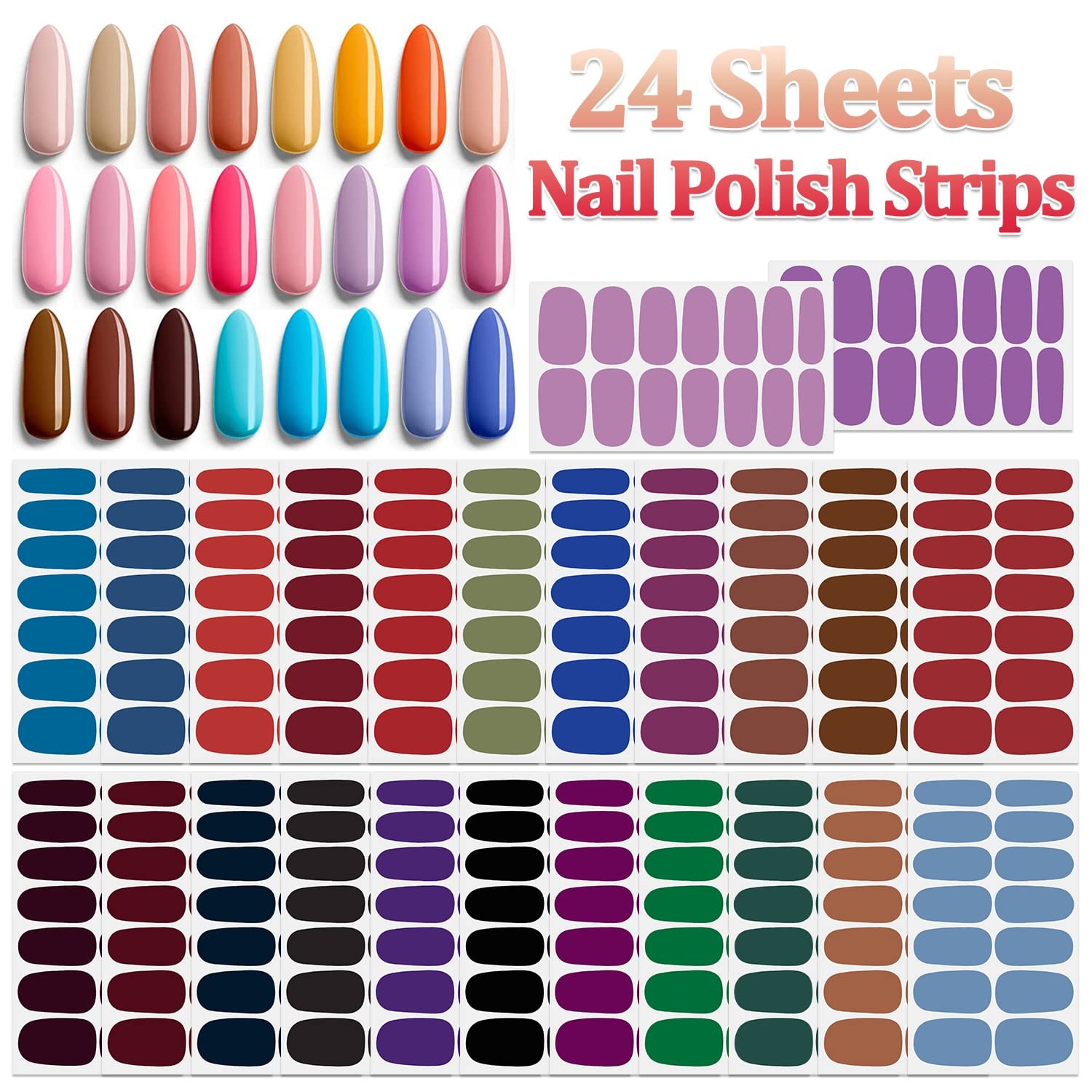 24 Sheets Solid Color Nail Wraps for Women Stick on Nail Polish Strips Self A…