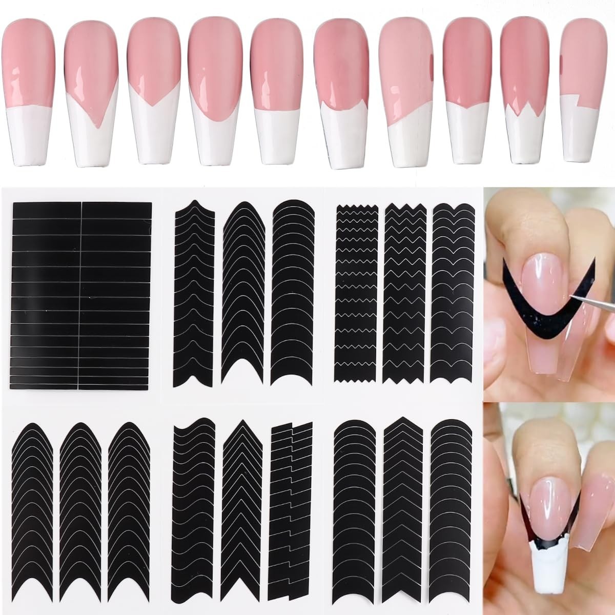 French Tip Nail Stickers 6 Sheets Self-Adhesive Nails Sticker French Tips Gui…