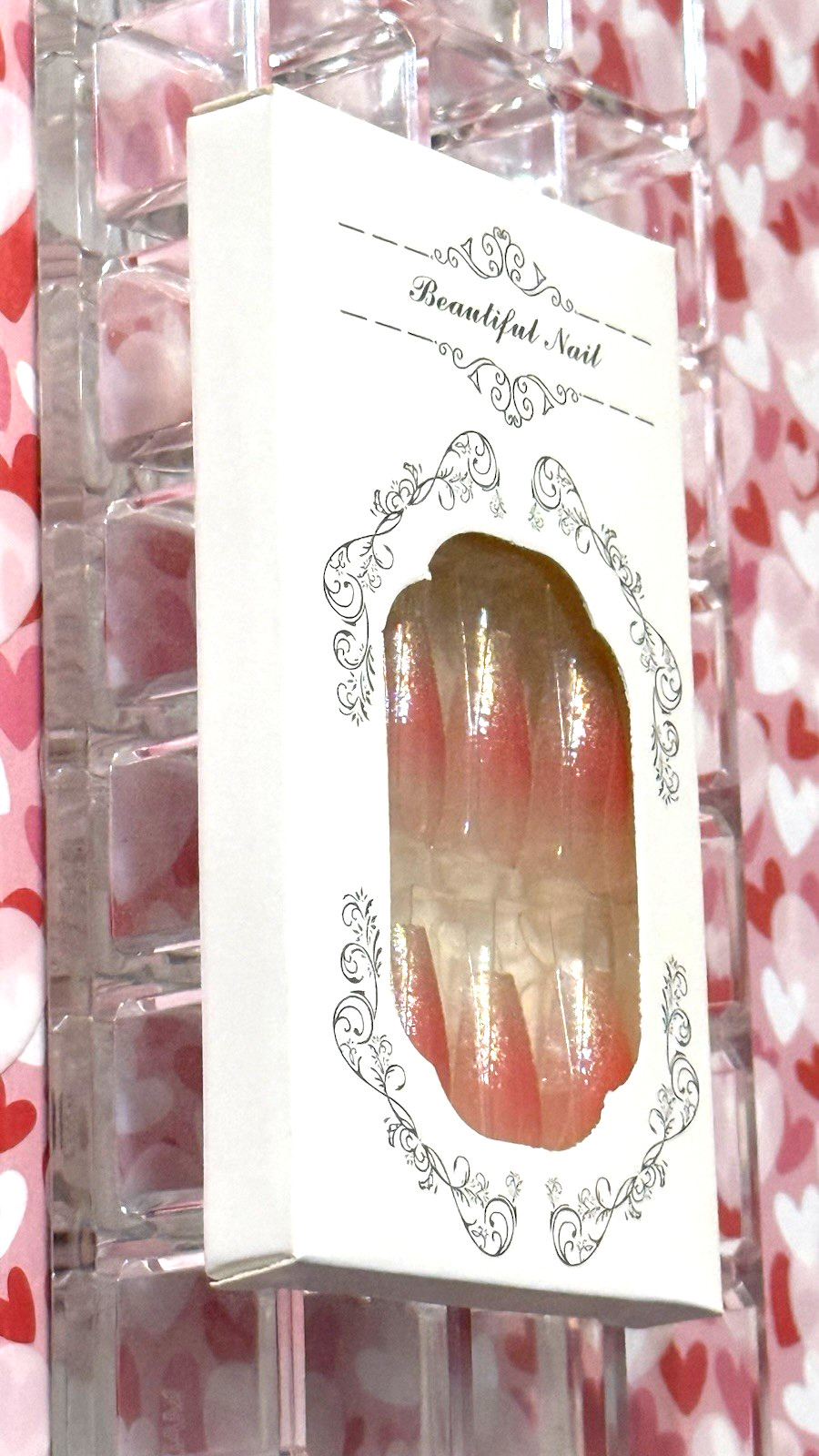 Beautiful Nail CLEAR with Pink & Gold Glitter Medium Coffin Press On Mani BOXED