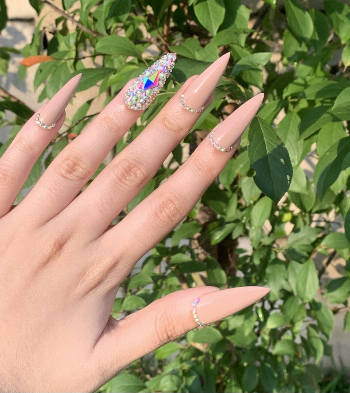 Nude Press on Nails With Diamond accent finger and Diamond cuticals