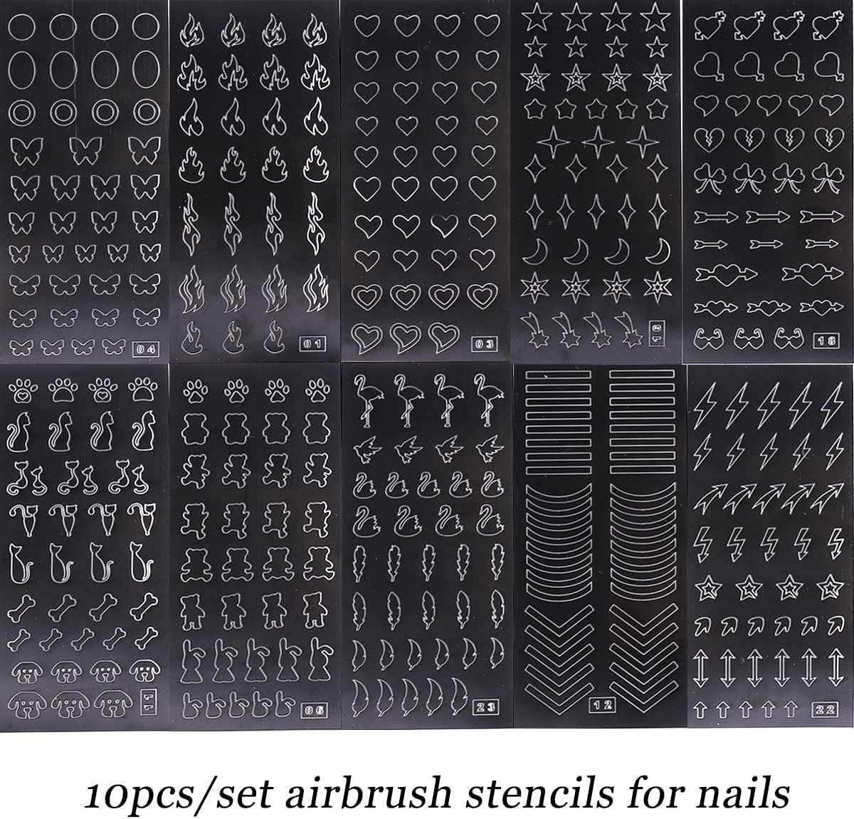 10-Pack Nail Art Stencils for Home & Salon – Self-Adhesive Airbrush Templates