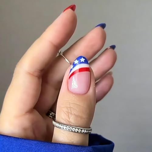 4th of July Press On Nails Blue Red Almond 24Pcs