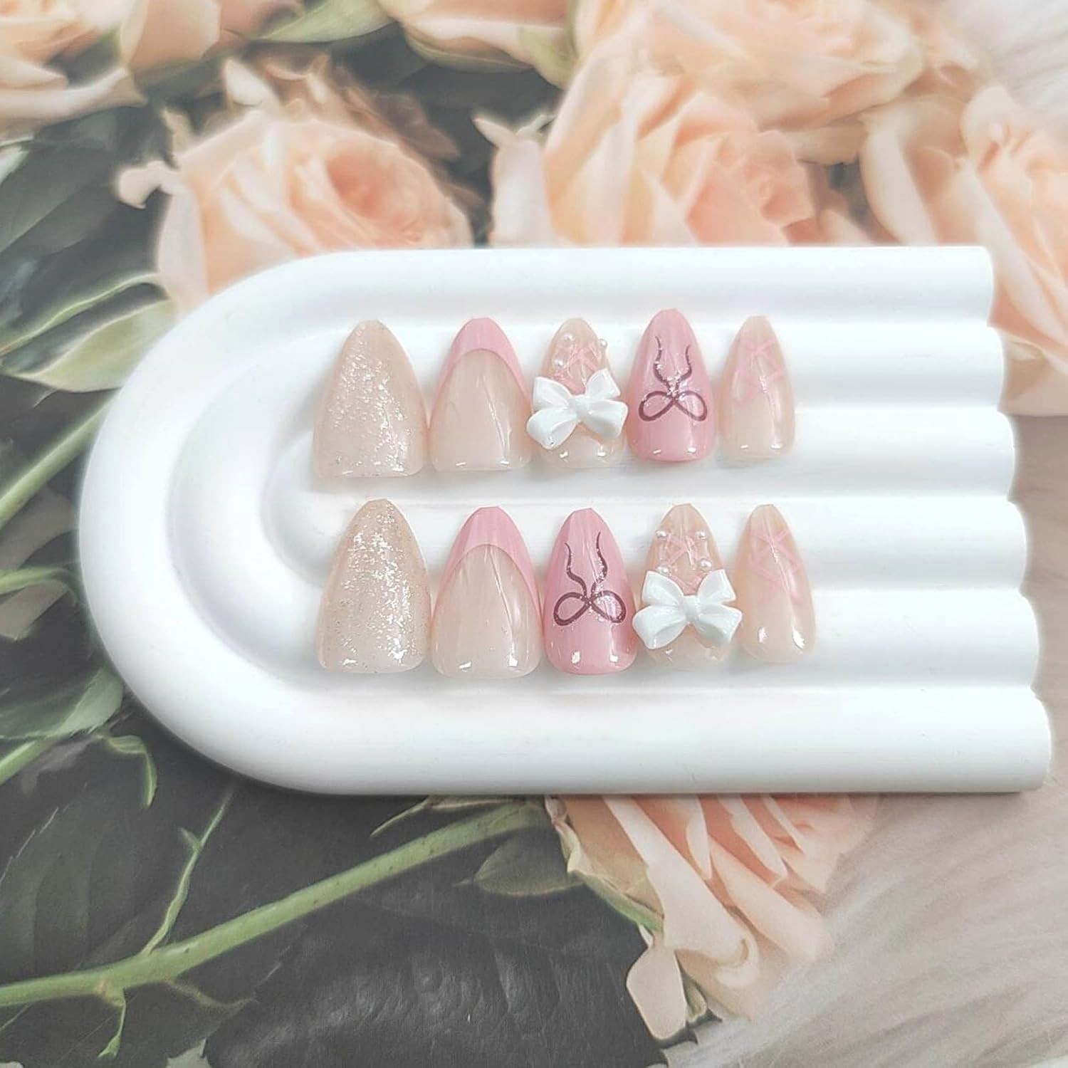 on Nails Short Almond Fake Nails with Designs Pink Nails Press