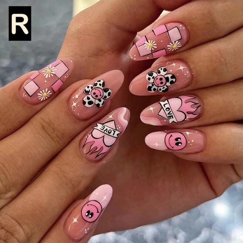 12 Boxes Flower Star French Tip Long Almond Press On Nails (Wholesale)