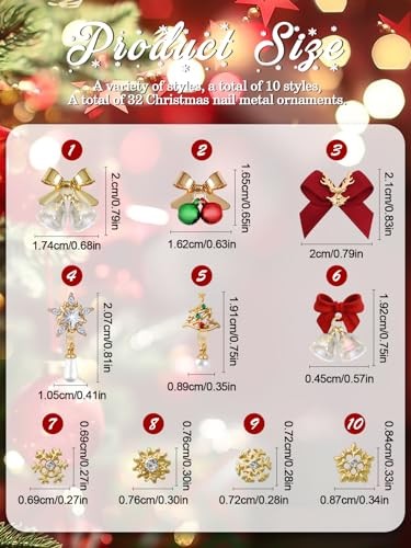 32 PCS Christmas Nail Art Charms Alloy 3D Dangle Nail Art Christmas Bell